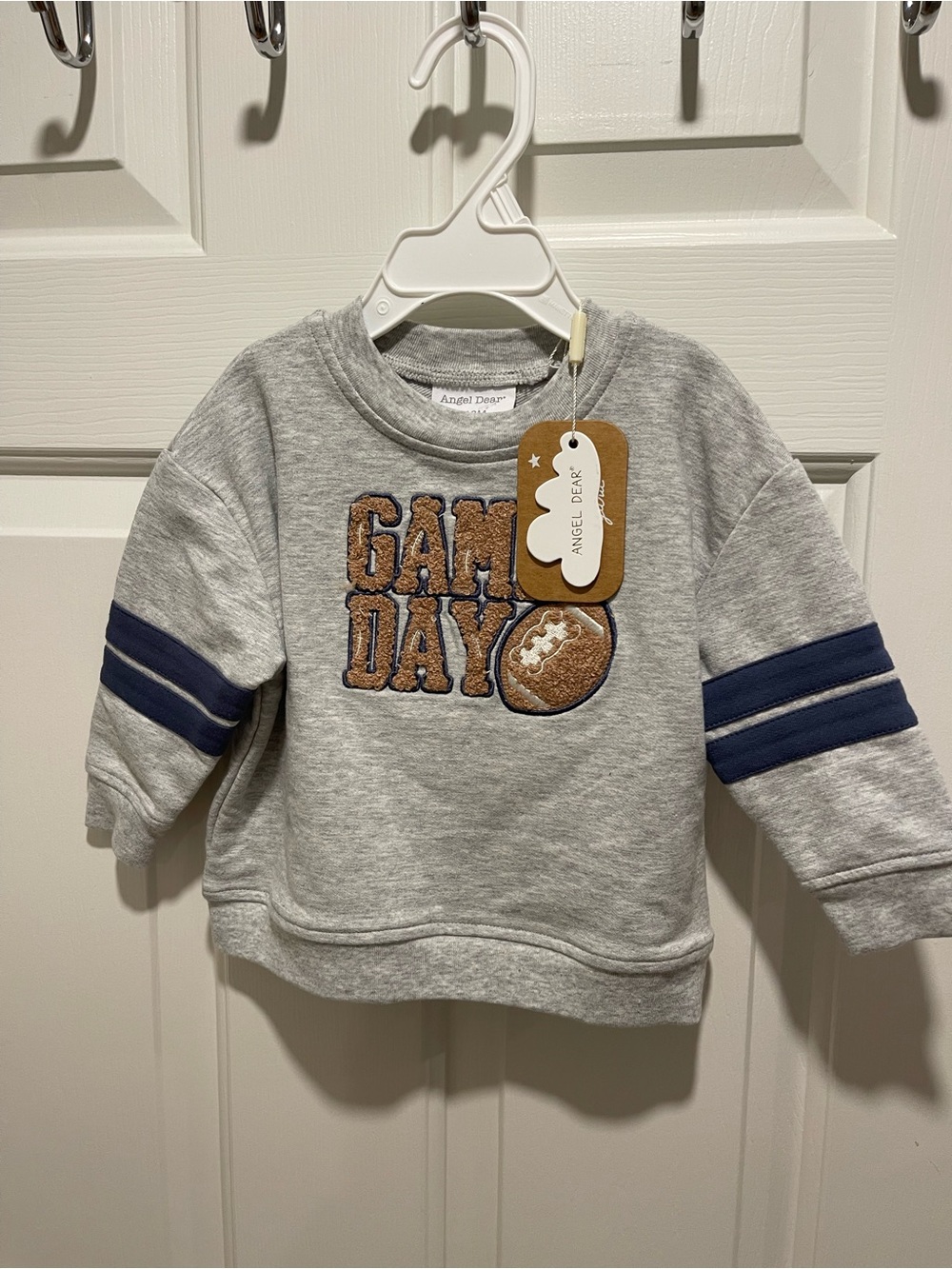 Angel Dear Gray Sweatshirt with Navy Stripes and Football Appliqué